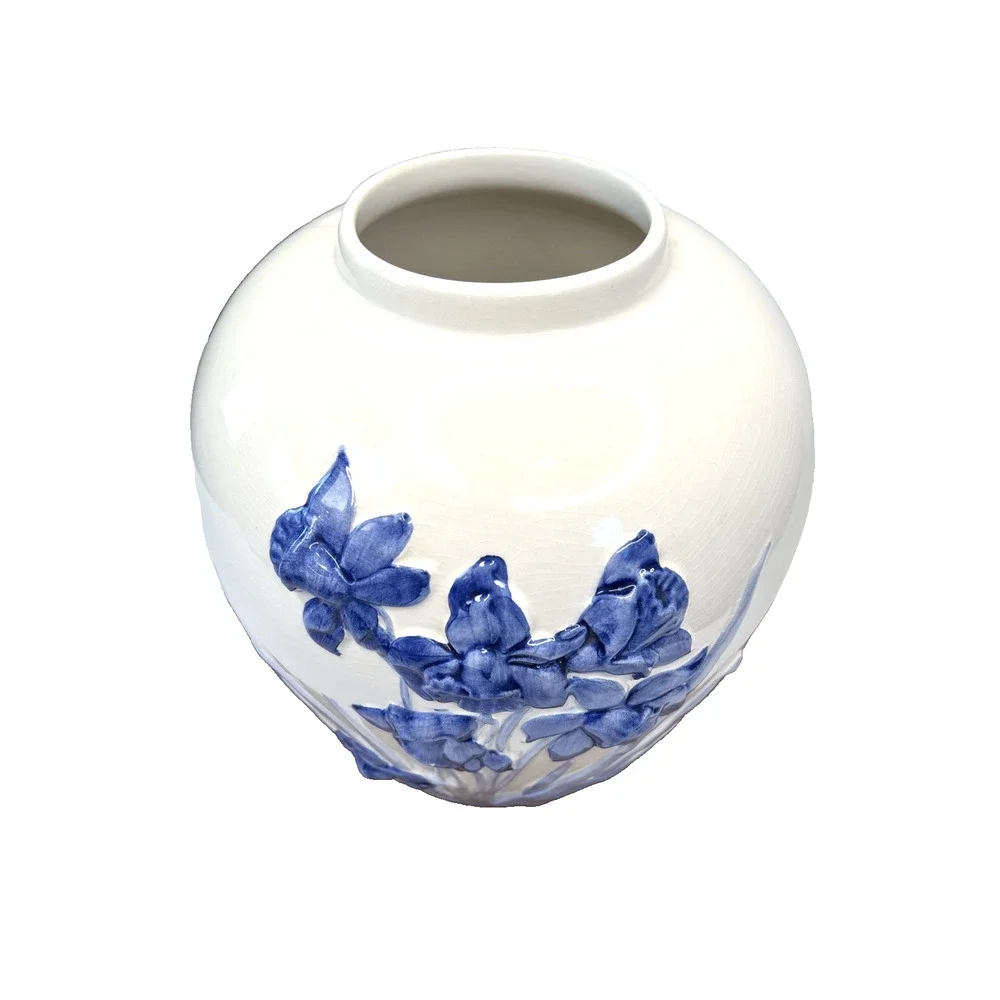 Pereiras Portugal Hand Painted Blue &White Floral Vase‎ Ceramic Pottery